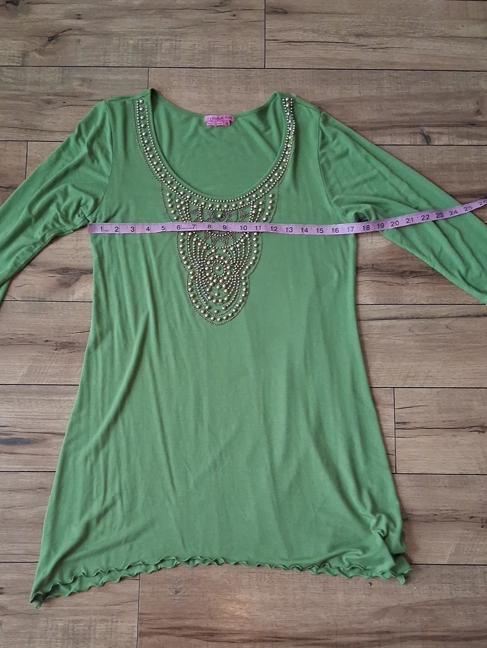 Women's Embellished Beaded Scoop Neck Tunic Summer Dress Olive Green Gold Medium - Picture 14 of 16